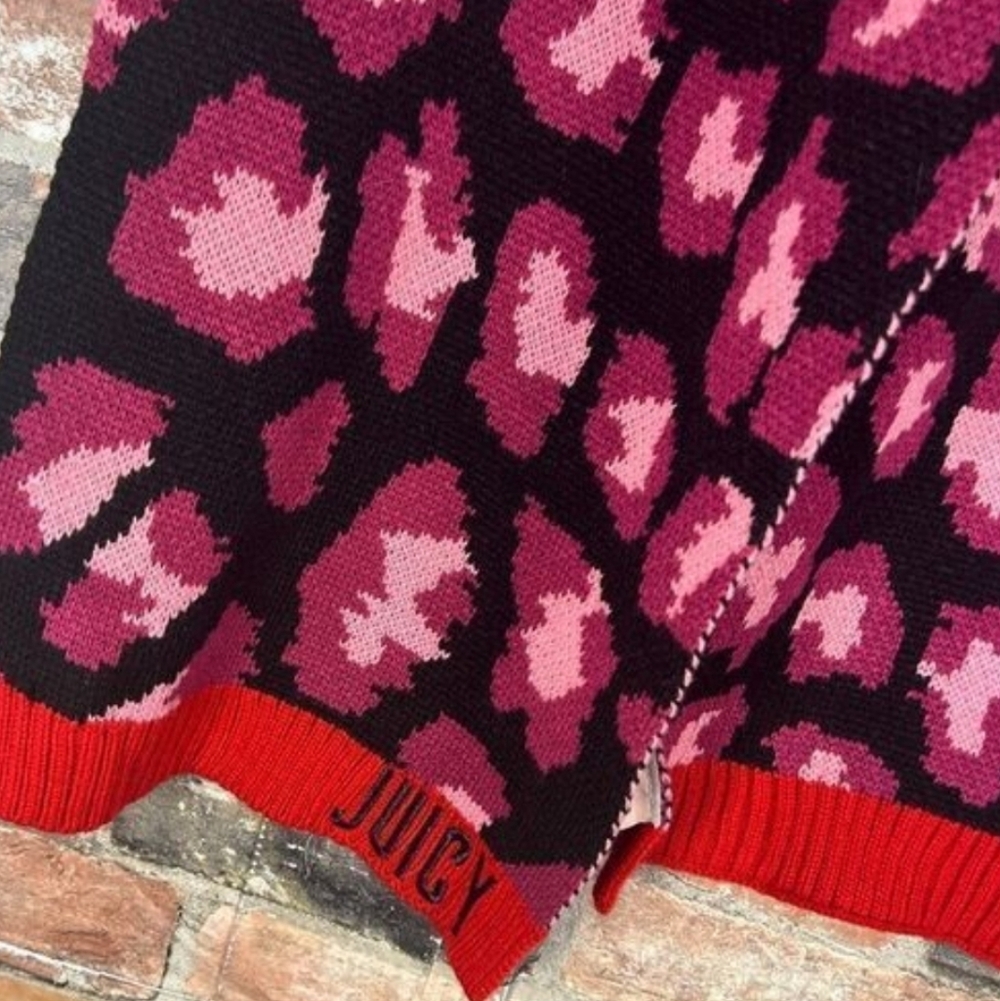 Juicy Couture Black and Pink Animal Print Acrylic Scarf Embroidered Logo